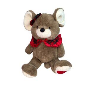 Vintage 1996 Walmart Holiday Mouse Tartan Bow Collar Plush Brown Stuffed Animal